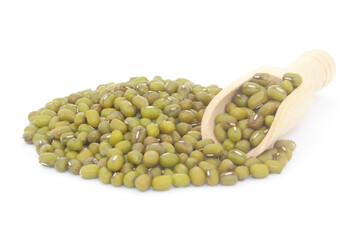 Heap of green beans or mung beans with wooden scoop isolated on white background