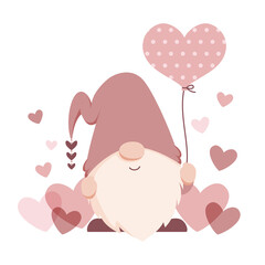 Cute Scandinavian gnome holding a heart shaped balloon. Love themed gnome illustration. Trendy earth tone, muted pastel colors.