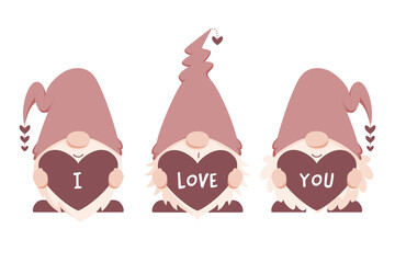 Three cute Scandinavian gnomes holding heart with "I Love You" message. Love themed gnome illustrations in earth tone, muted pastel colors. Flat vector illustration isolated on white background.