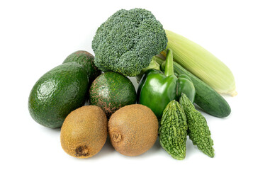 fresh fruits and vegetables. organic Green color food. vegan food concept. Healthy diet eating for immune boosting. Top view.