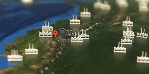 Factory icons near Quito city on the map, industrial production related 3D rendering