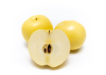Organic Chinese pear or Korean snow pear isolated on white background. Ripe Japanese nashi have golden color, sweet taste, crisp and juicy. Delicious fresh fruit concept.