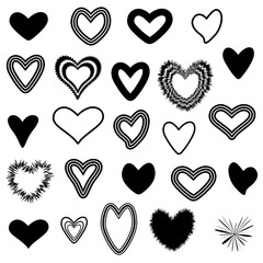 Set of vector templates of hearts in black.