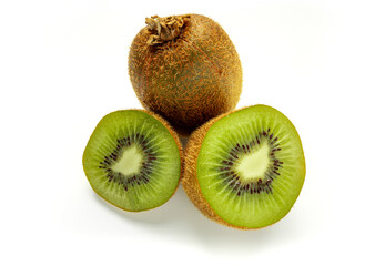 Ripe whole kiwi fruit and half kiwi fruit isolated on white background. Full depth of field. vegan food concept