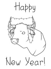 2021 New Year card and coloring page with ox