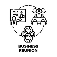Business Reunion Vector Icon Concept. Businessperson Meeting And Presentation, Project Discussing With Entrepreneurs And Companies Reunion, Financial Annual Report And Analyzing Black Illustration