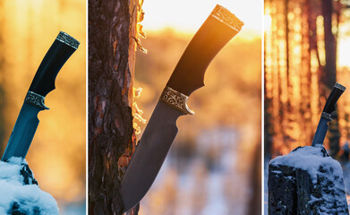 Collage of hunting knife. The concept of tourism, survival and hunting in the winter in forest.