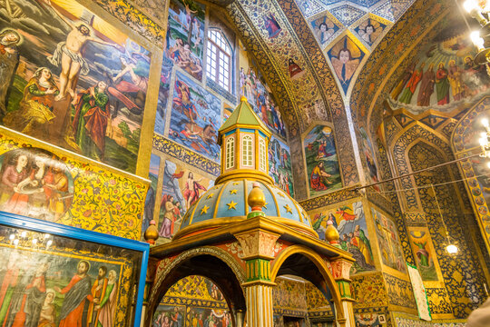 Frescos and gilded carvings of Christianity in the historic buildings of Vank cathedral, Isfahan, Iran