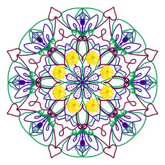 Multi-colored mandala with yellow flowers in the center