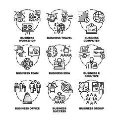 Business Occupation Set Vector Black Illustrations. Business Workshop And Travel, Computer And Office, Executive Team Group And Success Work, Idea And Goal Icons Collection Black Illustrations