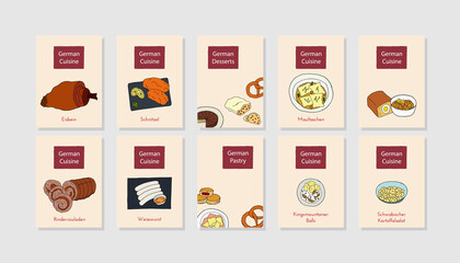 Hand drawn poster set with German cuisine dish. Design sketch element for menu cafe, bistro, restaurant, bakery and packaging.  Vector illustration.