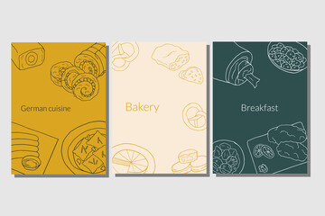 Hand drawn poster set with German cuisine dish. Design sketch element for menu cafe, bistro, restaurant, bakery and packaging.  Vector illustration.