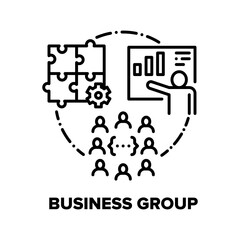 Business Group Vector Icon Concept. Managing Company Workers Group And Team Work, Employee Financial Profit Report On Meeting Or Sales Planning. Human Resources And Cooperation Black Illustration
