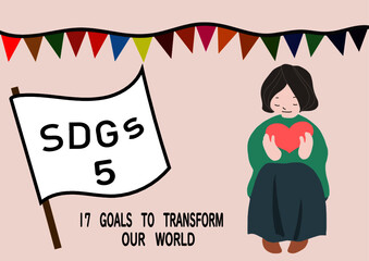 SDGsの項目5「ジェンダー平等を実現しよう」をわかりやすくイメージしたハートを抱きかかえる女性のポスター風手描きイラスト