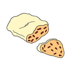 Vector hand drawn doodle stolen. Fruit bread. German dessert. Design sketch element for menu cafe, restaurant, label and packaging. Colorful illustration on a white background.
