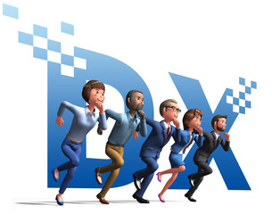 Illustration of a businessman dashing toward success against the background of DX characters by 3d rendering_2
