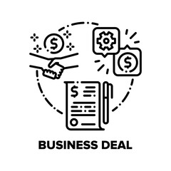 Business Deal Vector Icon Concept. Shake Hands After Customer Signing Contract Document, Signing Business Commerce Agreement With Client For Service. Partnership And Cooperation Black Illustration