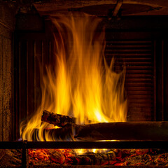 A fire lit inside a forced air fireplace
