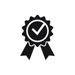 Black icon approved or certified medal. Isolated on white background. Flat design vector illustration.