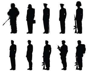 Set of soldier silhouette vector, person in black and white.