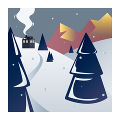 Christmas card with s now mountains, sun, clouds and christmas trees on the first plane.