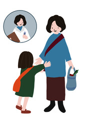 SDGsの項目8「働きがいも経済成長も」をわかりやすくイメージした働く妊婦が仕事帰りに子供を保育園に迎えに行くポスター風手描きイラスト