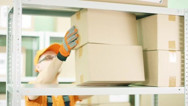 Careless neglectful warehouse worker searches a parcel on the shelf