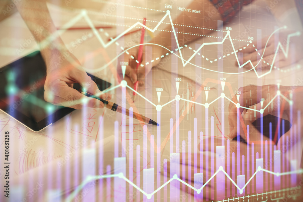 Poster double exposure of forex graph drawing and man and woman working together holding and using a mobile