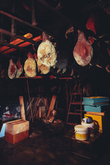 Dried homemade ham in local stores in Njegusi, Montenegro