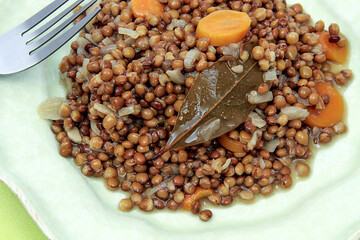 assiette de lentilles cuisinées avec oignons et carottes