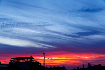 Sunset background and silhouette buildings