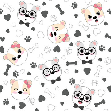 Cute Dogs pattern, different dogs seamless wallpaper, Valentine's day concept.