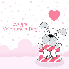 Vector celebratioin of cute dog with big gift box and heart.
