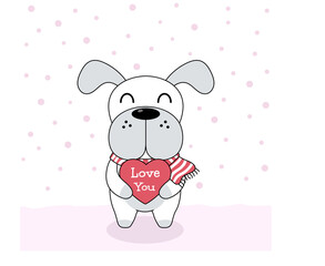 Cute Dog in winter scarf with heart and pink snow.