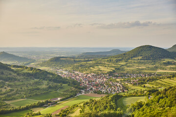 Fototapeta premium Schwäbische Alb (Swabian Alb) near Stuttgart – Germany, Beautiful View, Hilly, Landscape, green, village, horizon, cloudscape