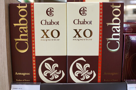 XO superior by Chabot Armagnac on store shelf in Changi Airport New Terminal 4. Chabot established its name in the wines and spirits trade in 1828, France. SINGAPORE - APR 22, 2018.