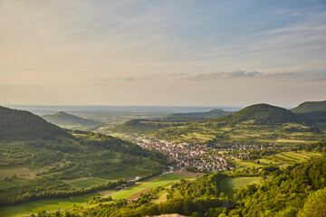 Naklejka premium Schwäbische Alb (Swabian Alb) near Stuttgart – Germany, Beautiful View, Hilly, Landscape, green, village, horizon, cloudscape