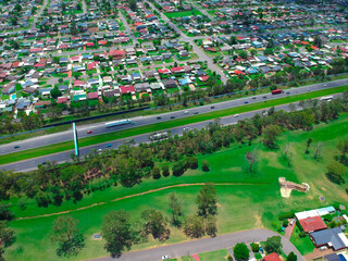 Panoramic drone aerial view over St Clair Sydney western suburbs NSW Australia