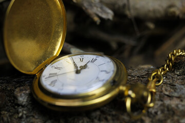 Viersen, Germany - May 9 .2020: Macro close up of isolated golden antique pocket watch with...