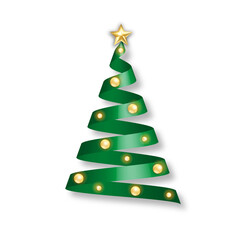 Green ribbon christmas tree with golden balls and star