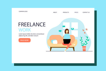 Girl working from home. Landing page template. Vector illustration in a flat style.