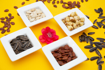 Tet Holiday, Lunar new year, chinese new year concept . Dried sunflower, lotus, watermelon and pumkin seeds top view isolated on yellow 