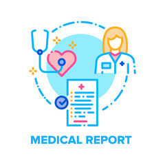 Medical Report Vector Icon Concept. Doctor Medicine Report With Patient Data And Health Care Information, Writing Examined Patient Diagnosis And Drug Prescription Color Illustration