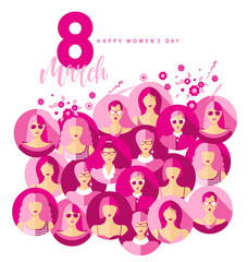 International Women s Day. Vector illustration with women faces and 8march.