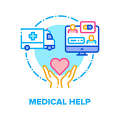 Medical Help Vector Icon Concept. Medical Online Examination, Consultation And Drug Prescription, Ambulance Car For Patient Fast Transportation Hospital, Healthcare And Treatment Color Illustration