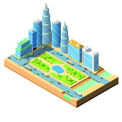 Abstract Isometric 3D City Buildings Skyscrapers River Bridge Cars Vector Design Style