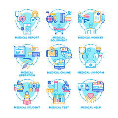 Medical Treat Set Icons Vector Color Illustrations. Medical Doctor Worker And Student, Online Treatment And Examination, Operation And Help, Equipment And Uniform Color Illustrations