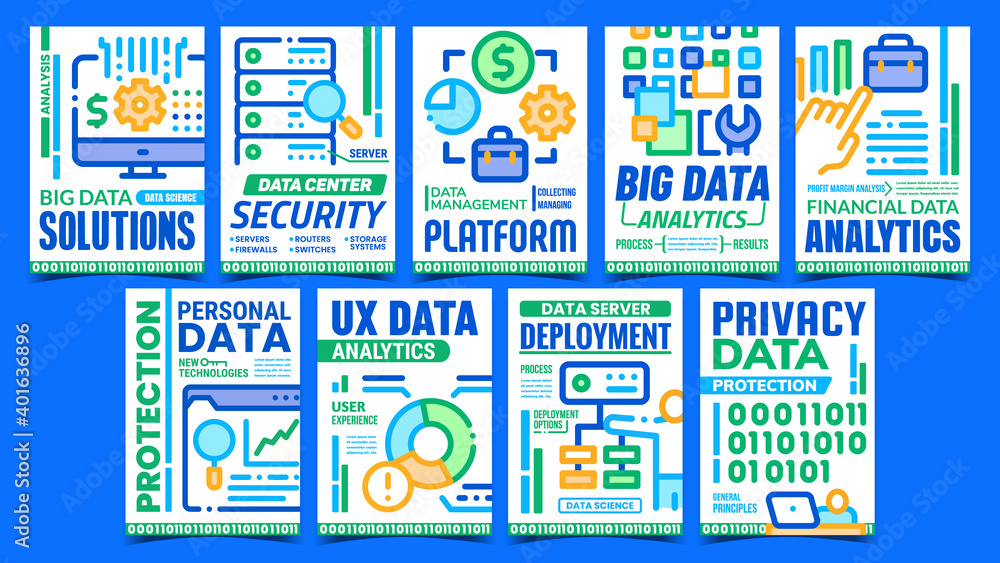 Poster data scientist creative promo posters set vector. big data solutions and analytics, server deploymen
