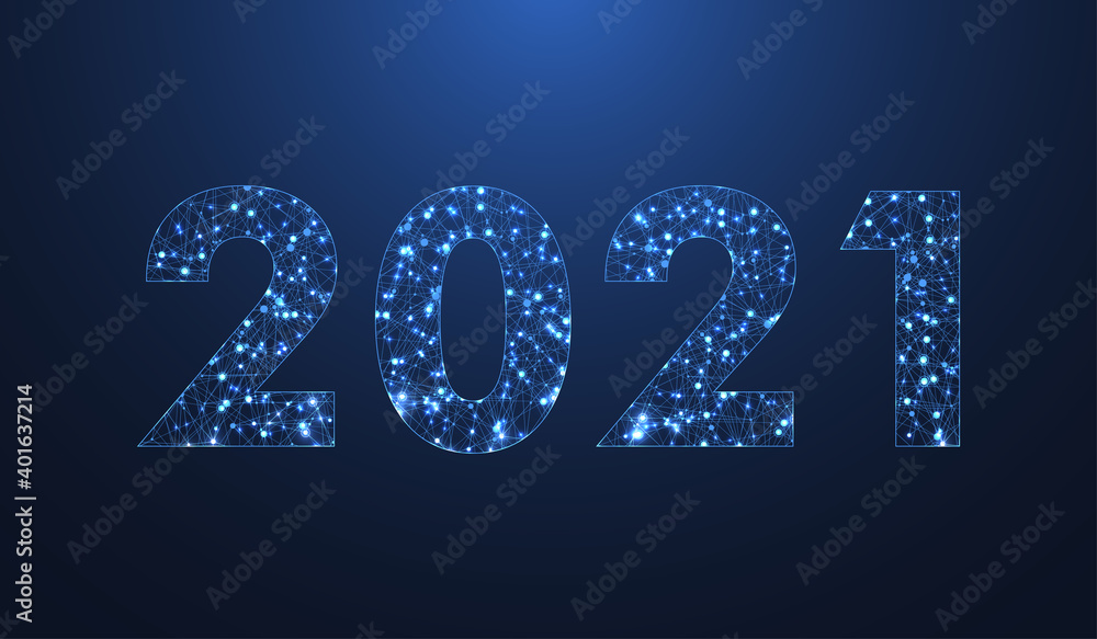 Poster Modern futuristic technology template for Merry Christmas and Happy New Year 2021 with connected lines and dots. Plexus geometric effect. Global network connection illustration.