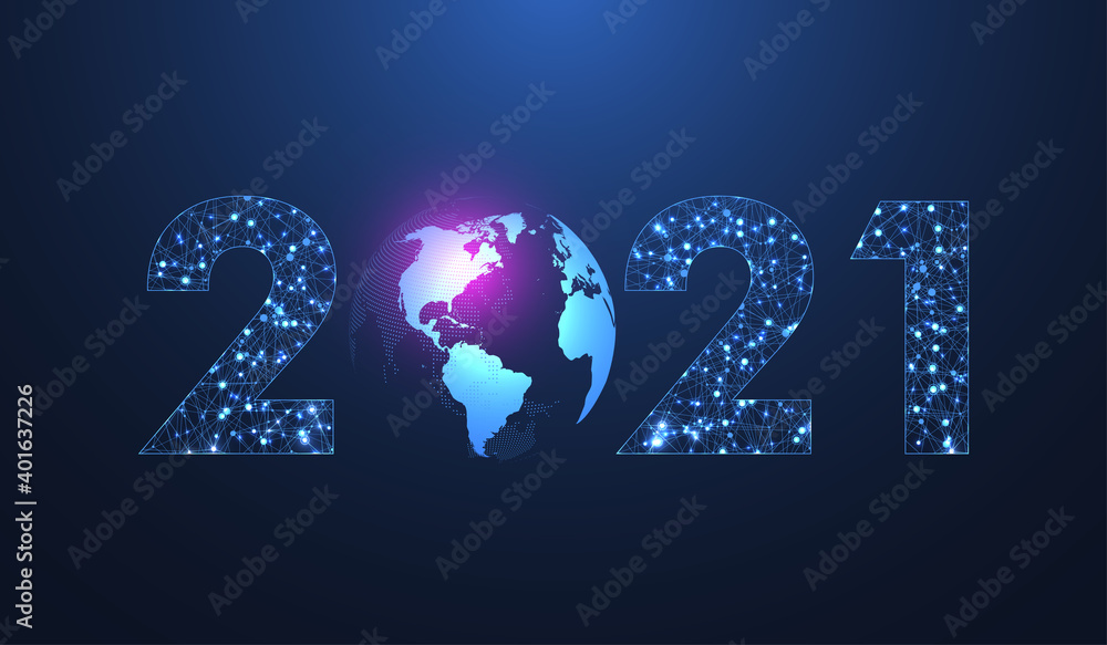 Leinwandbilder Modern futuristic technology template for Merry Christmas and Happy New Year 2021 with connected lines and dots. Plexus geometric effect. Global network connection illustration.